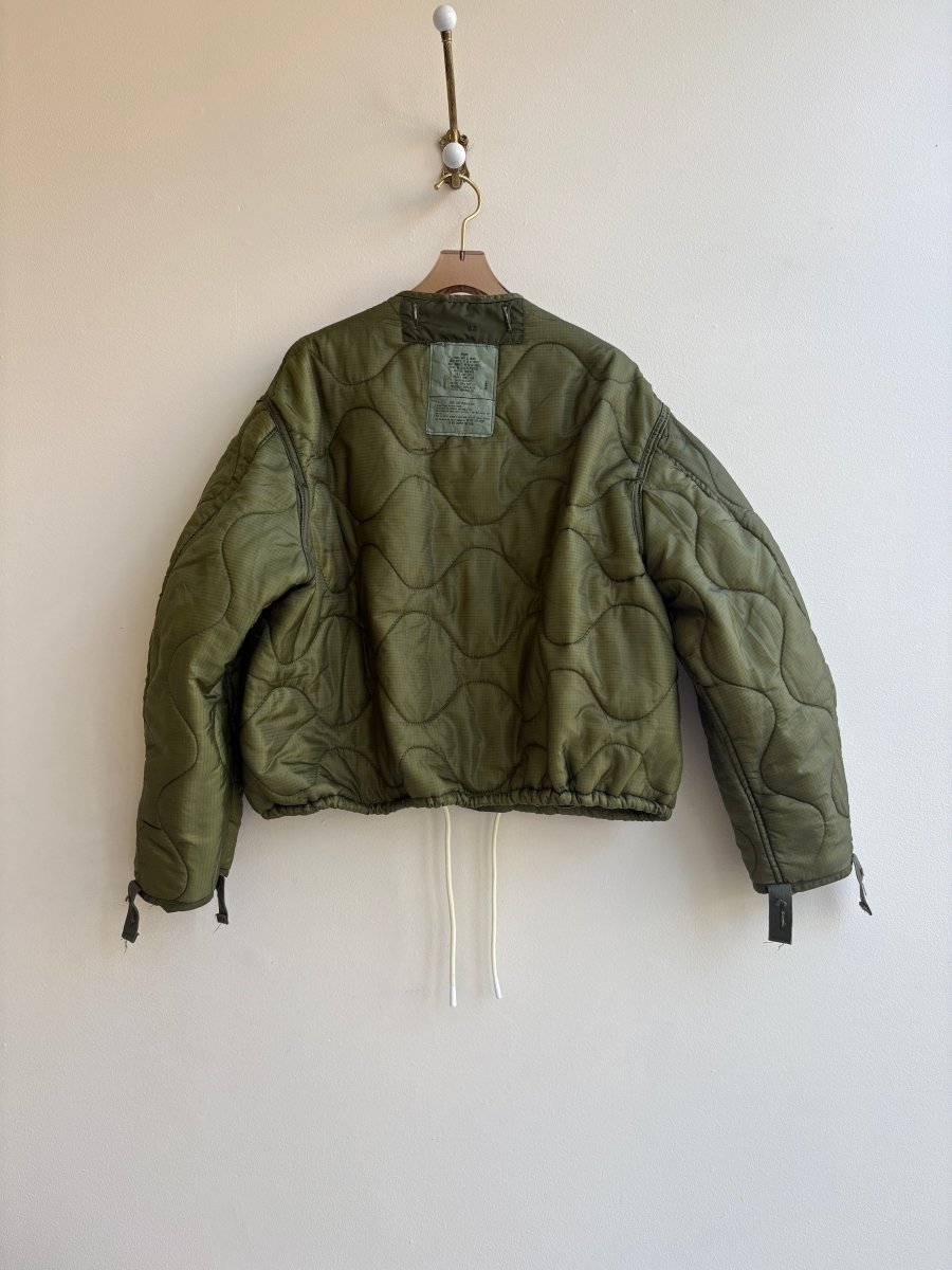 Dark Olive Green Army Liner Quilted Coat w/ Light Olive Patch Pockets & White Drawstring (Reworked) - Made X Hudson