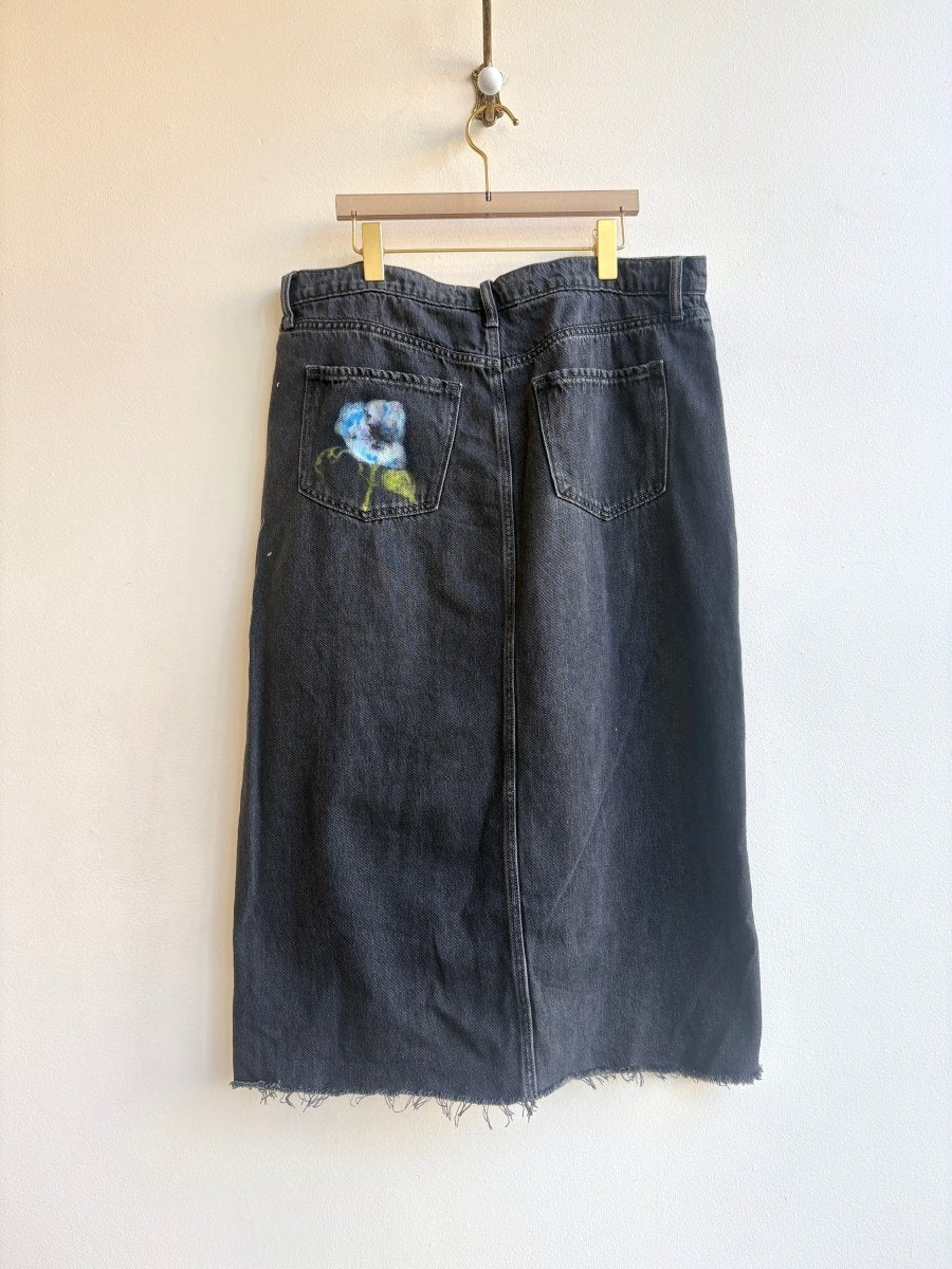 Black Denim Skirt with Hand Painted Blue Morning Glories (Reworked) - Made X Hudson