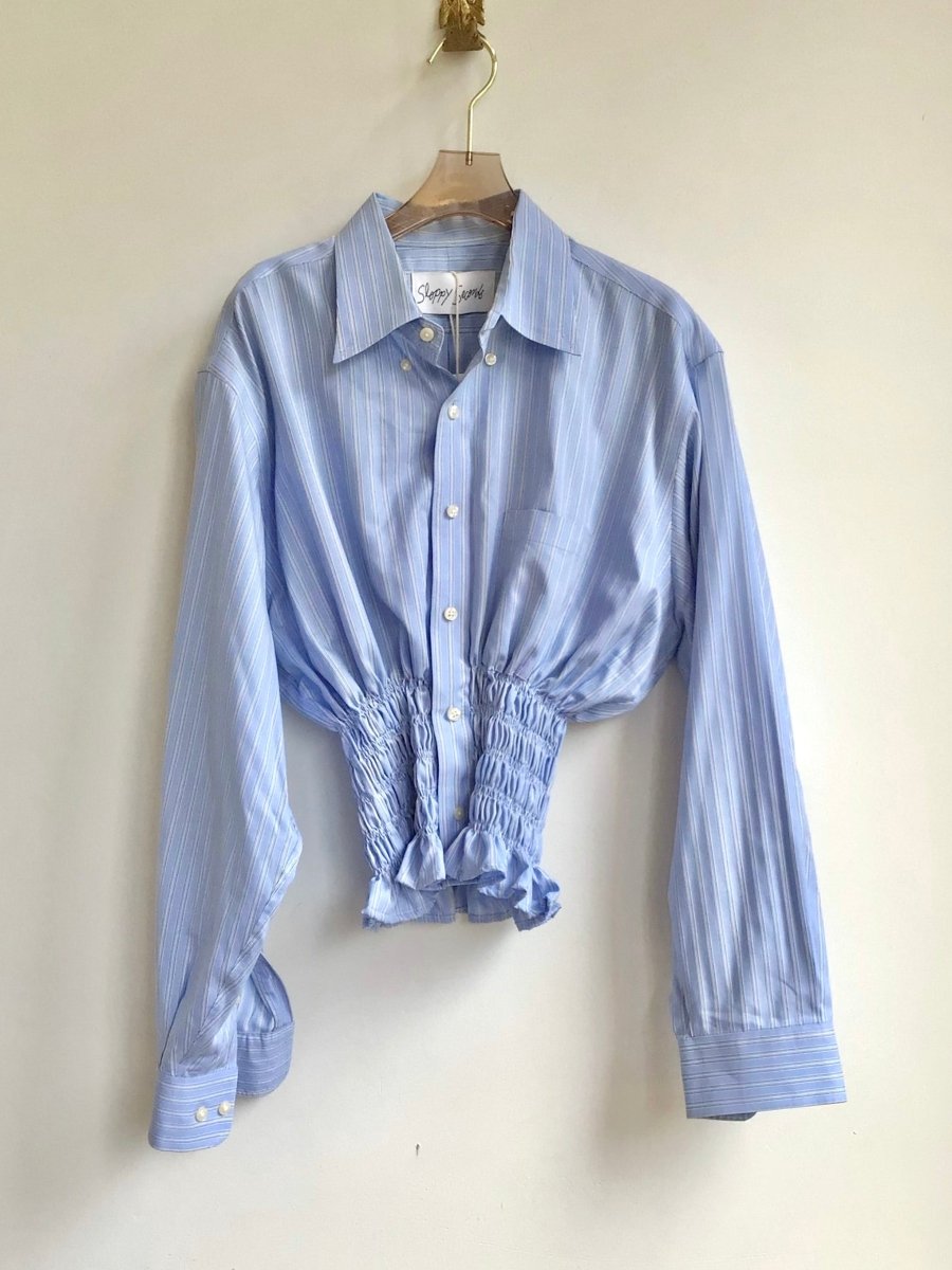 The George Top | Blue, Black & White Stripe Button Down Top w/ Smocked Waist (Reworked) - Made X Hudson