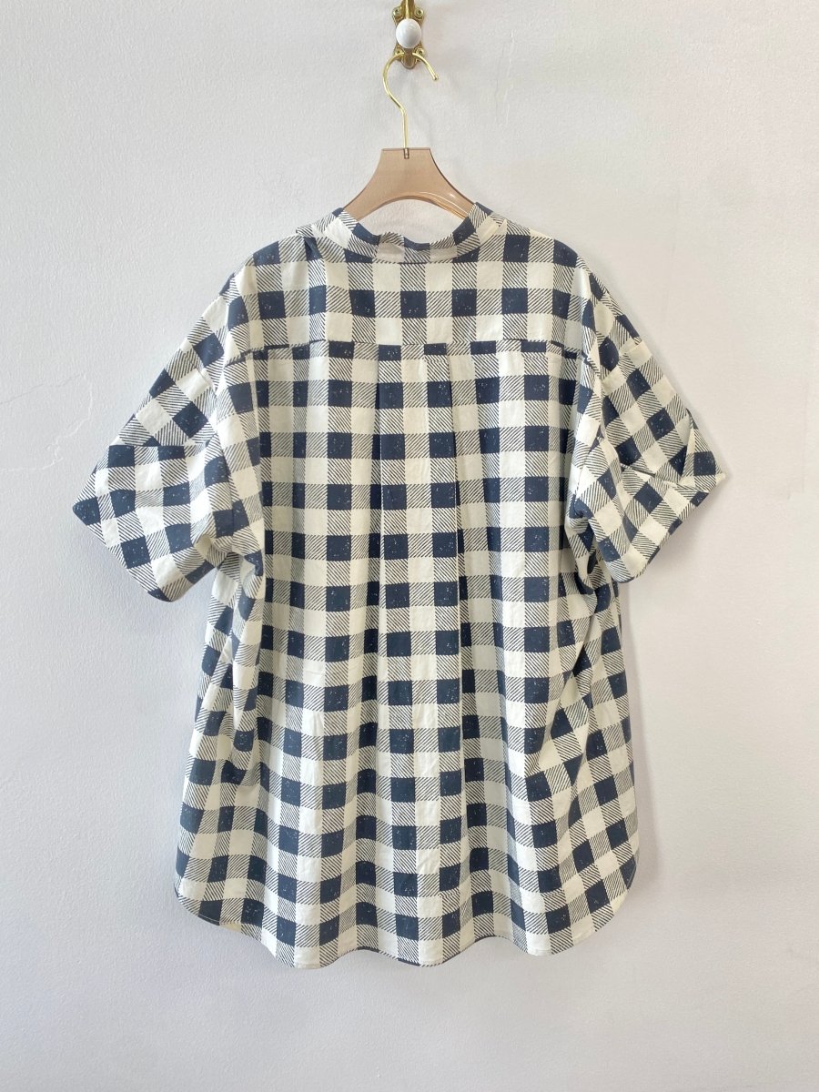 Black & White Gingham Deadstock Novelty Fabric Shirt w/ Pocket Front & Draped Sleeves - Made X Hudson