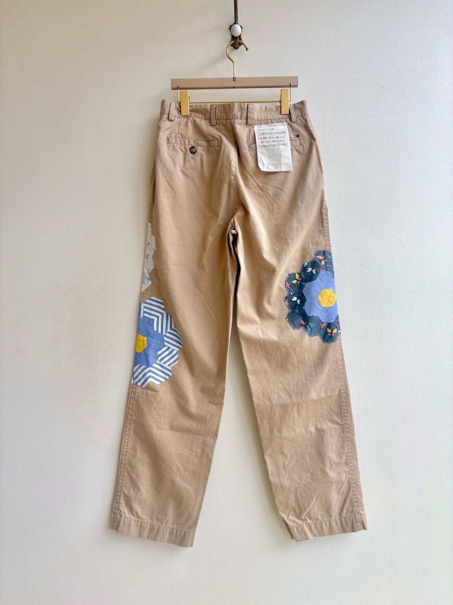 Grandmother's Garden Quilt Block Applique Chinos | Soft Blue Stripe and Butterfly (Reworked) - Made X Hudson