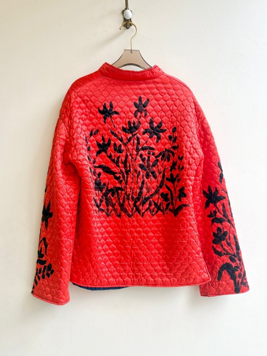 Indigo Flower Patch Quilted Coat in Hot Orange | Hand Painted (Reworked) - Made X Hudson