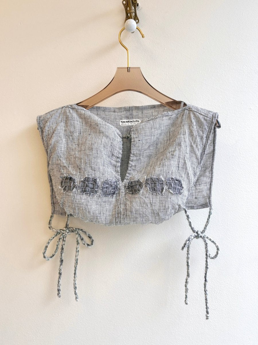 Hand Embroidered Chester in Grey with V Neck Collar | Black and White Linen - Made X Hudson