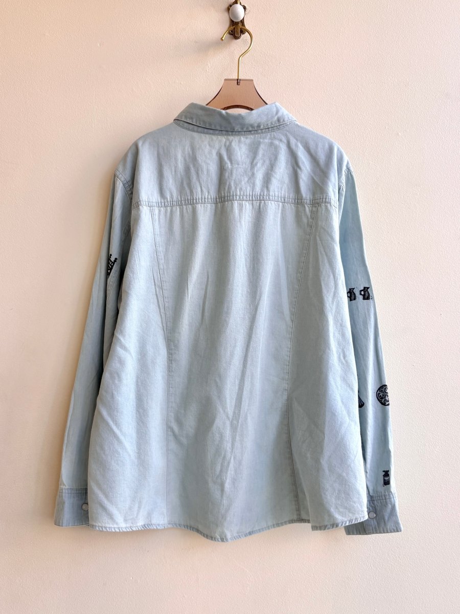 Tiny Print Light Blue Denim Cowboy Shirt with Pearl Snaps | Block Printed (Reworked) - Made X Hudson