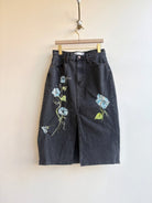 Black Denim Skirt with Hand Painted and Embroidered Morning Glories (Reworked) - Made X Hudson