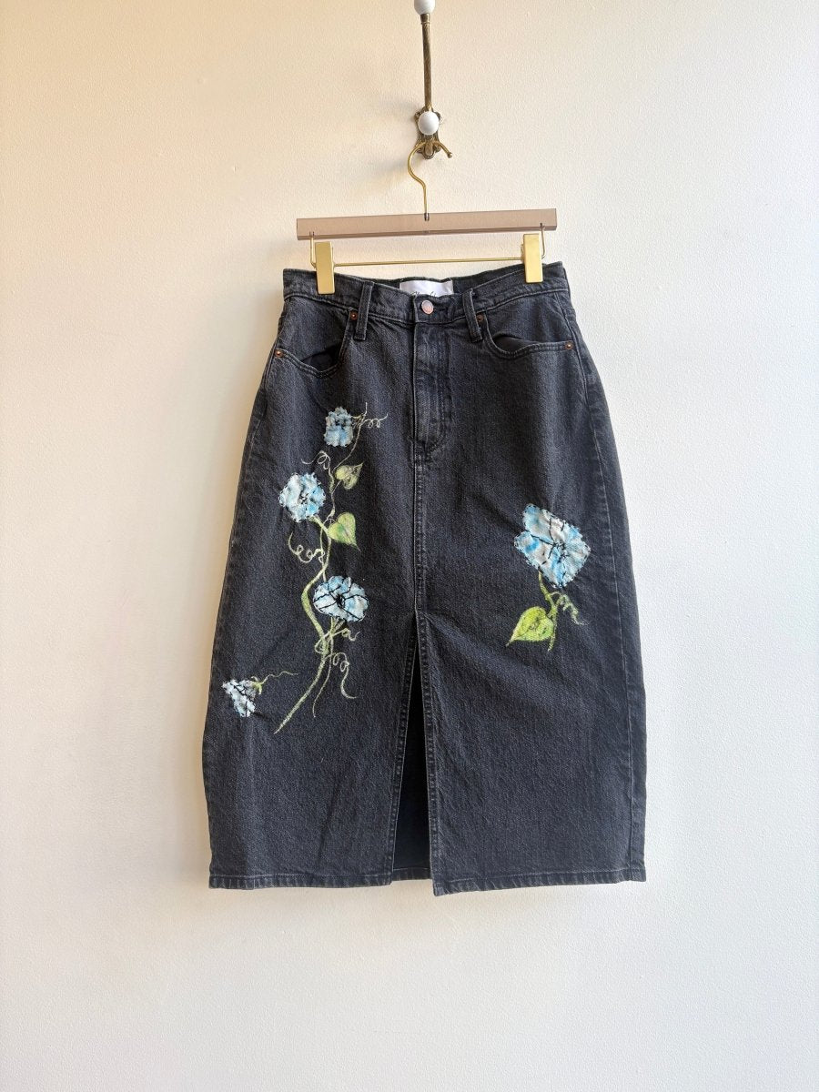 Black Denim Skirt with Hand Painted and Embroidered Morning Glories (Reworked) - Made X Hudson