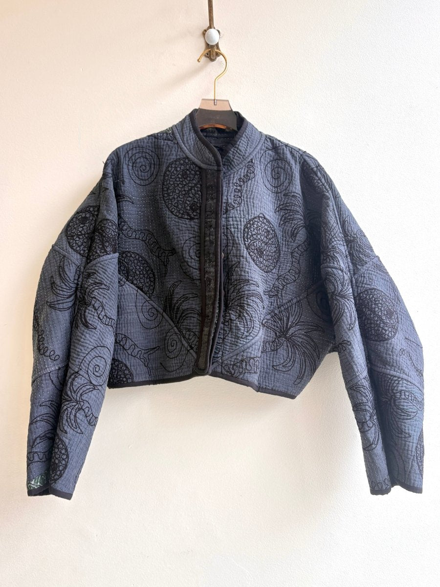 Reversible Kaira Suzani Quilted Cropped Jacket in Colors Charcoal Black, Grey, Soft Yellow & Black, Smoke Grey - Made X Hudson