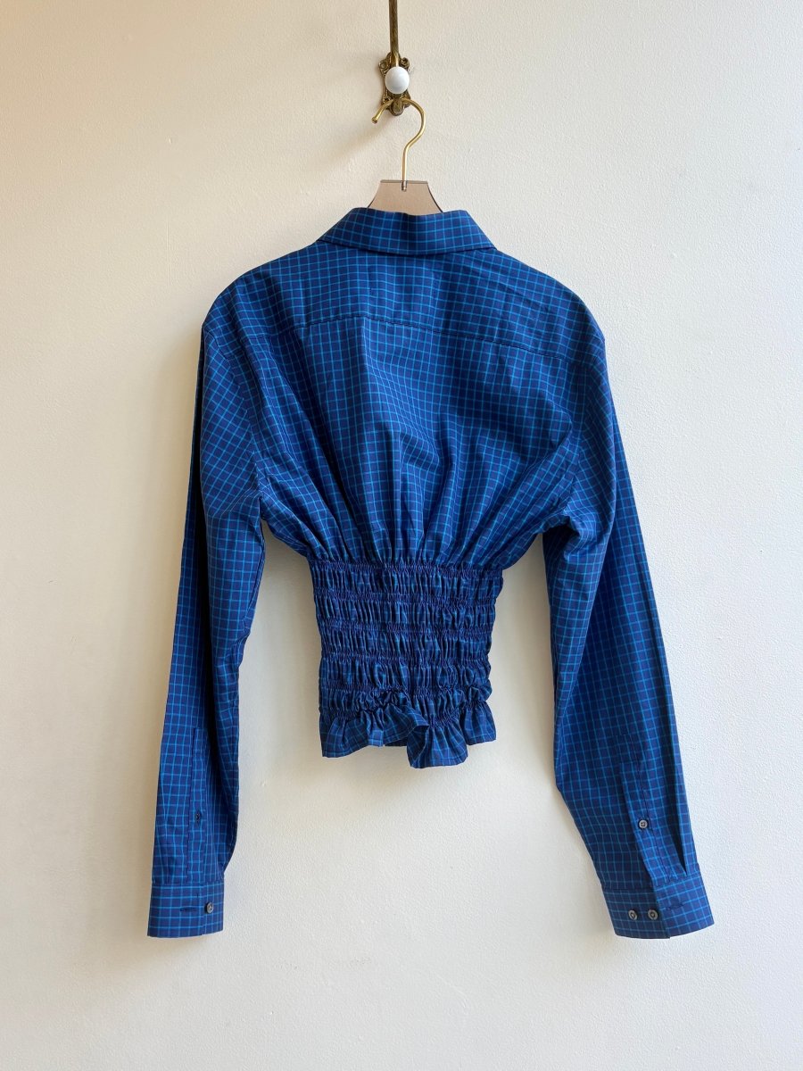The George Top | Navy & Electric Blue Plaid Button Down Top w/ Smocked Waist (Reworked) - Made X Hudson