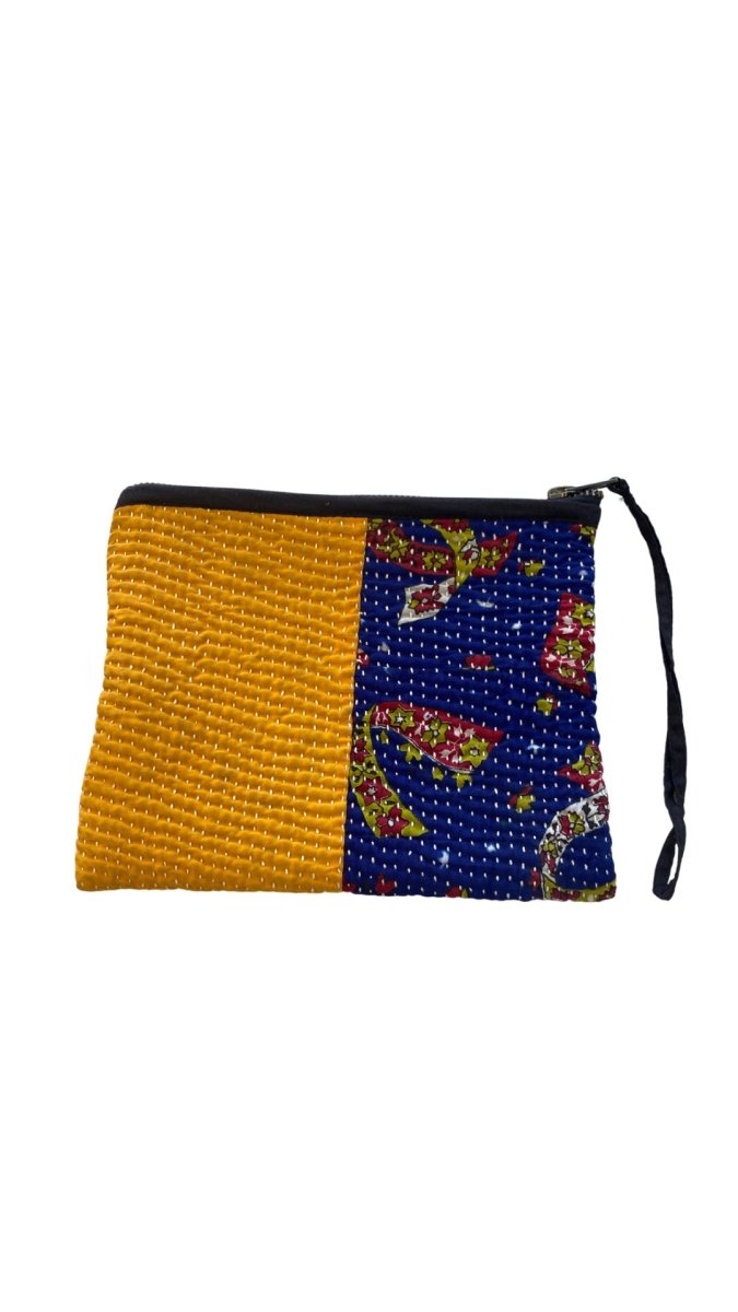Biju Vintage Kantha Quilted Zipper Pouch in Colors Yellow, Blue, Turquoise & Green - Made X Hudson