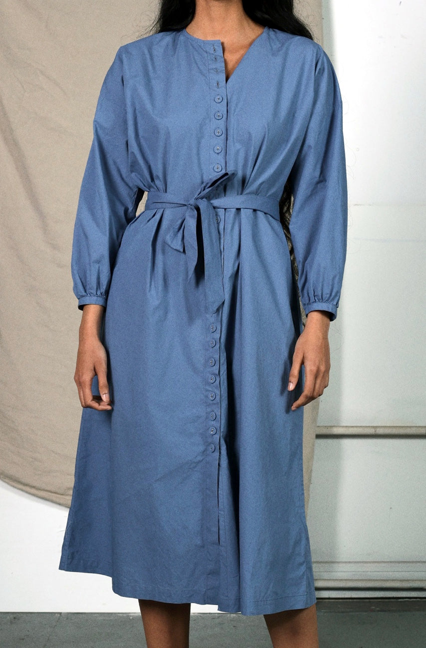 Blue Button Down Waist Tie Frankie Dress