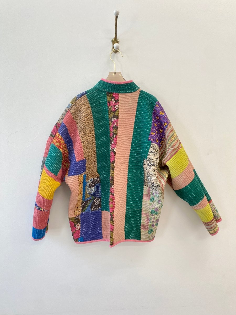 Reversible Ladhiya Quilted Jacket in Bubblegum Pink, Tan, Blue, Floral Patchwork & Printed Multi - Colored Patchwork, Pink, Green - Made X Hudson