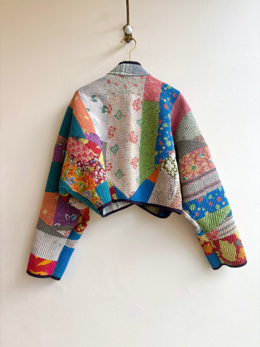 Reversible Kaira Quilted Cropped Jacket in Colors Jade Plaid, Daisy, Peony & Cobalt and Orange Multi Colored Patchwork - Made X Hudson