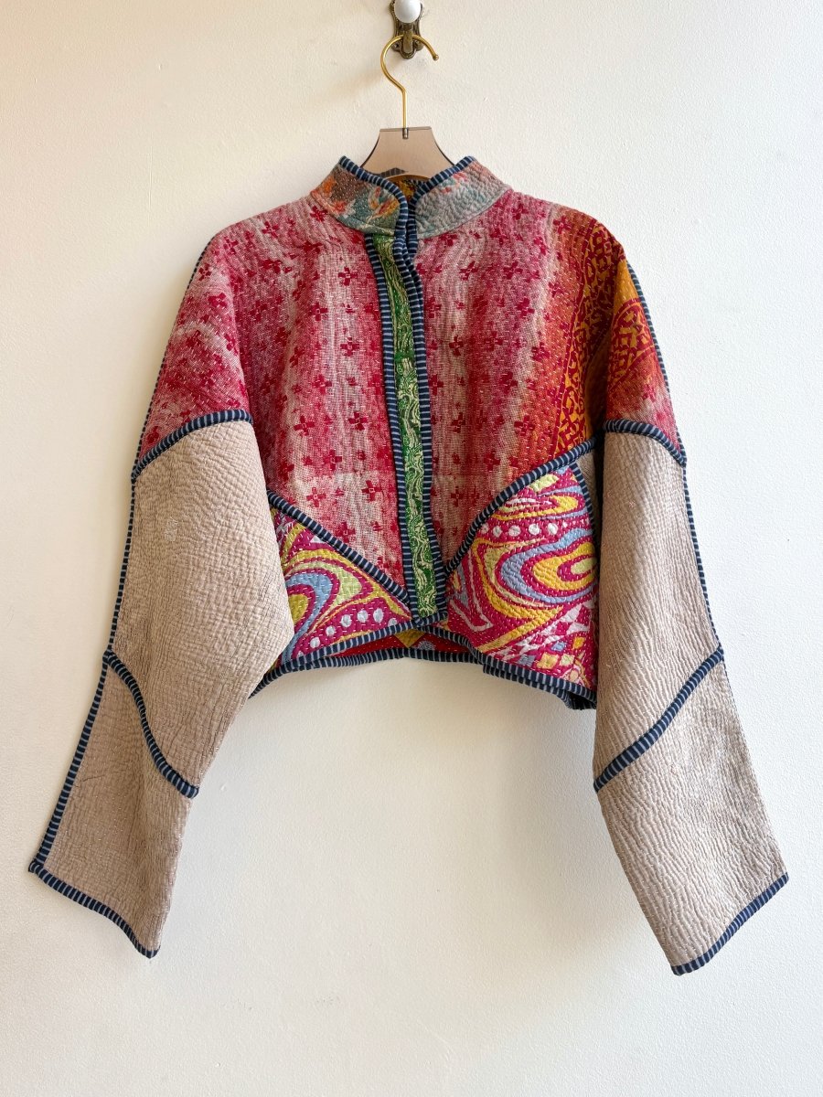 Reversible Kaira Quilted Cropped Jacket in Colors Red, Taupe, Rose, Citrus Patchwork & Cobalt, Magenta, Gold - Made X Hudson