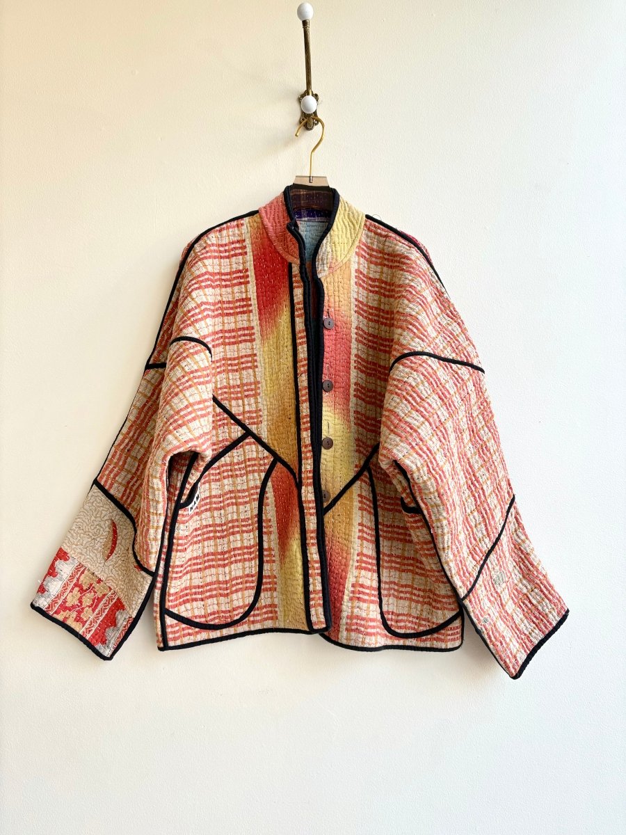 Reversible Ladhiya Quilted Jacket in Colors Blue, Purple, Multi Patchwork & Sunset Orange, Yellow, Coral - Made X Hudson