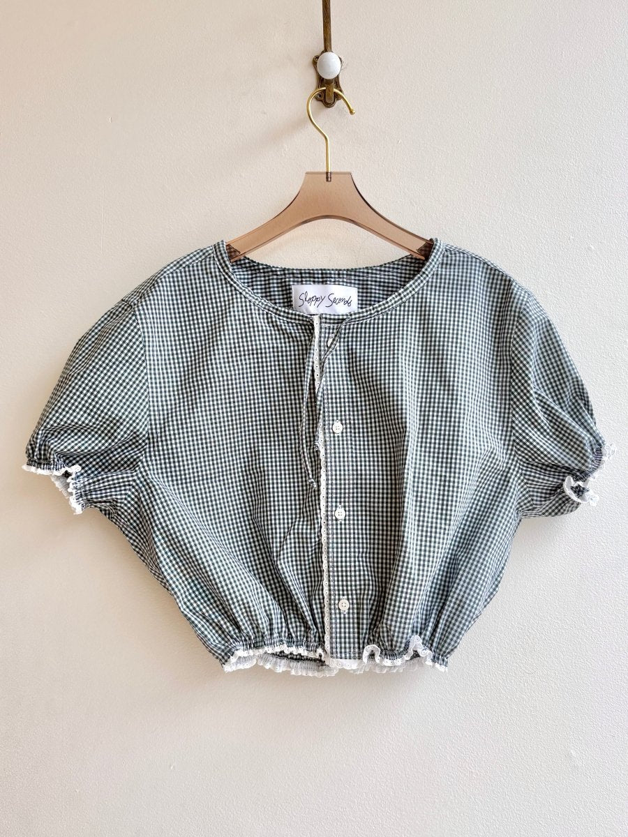 The Henry Top | Green Checkered Cap Sleeve w/ Smocked Waist & Eyelet Trim (Reworked) - Made X Hudson