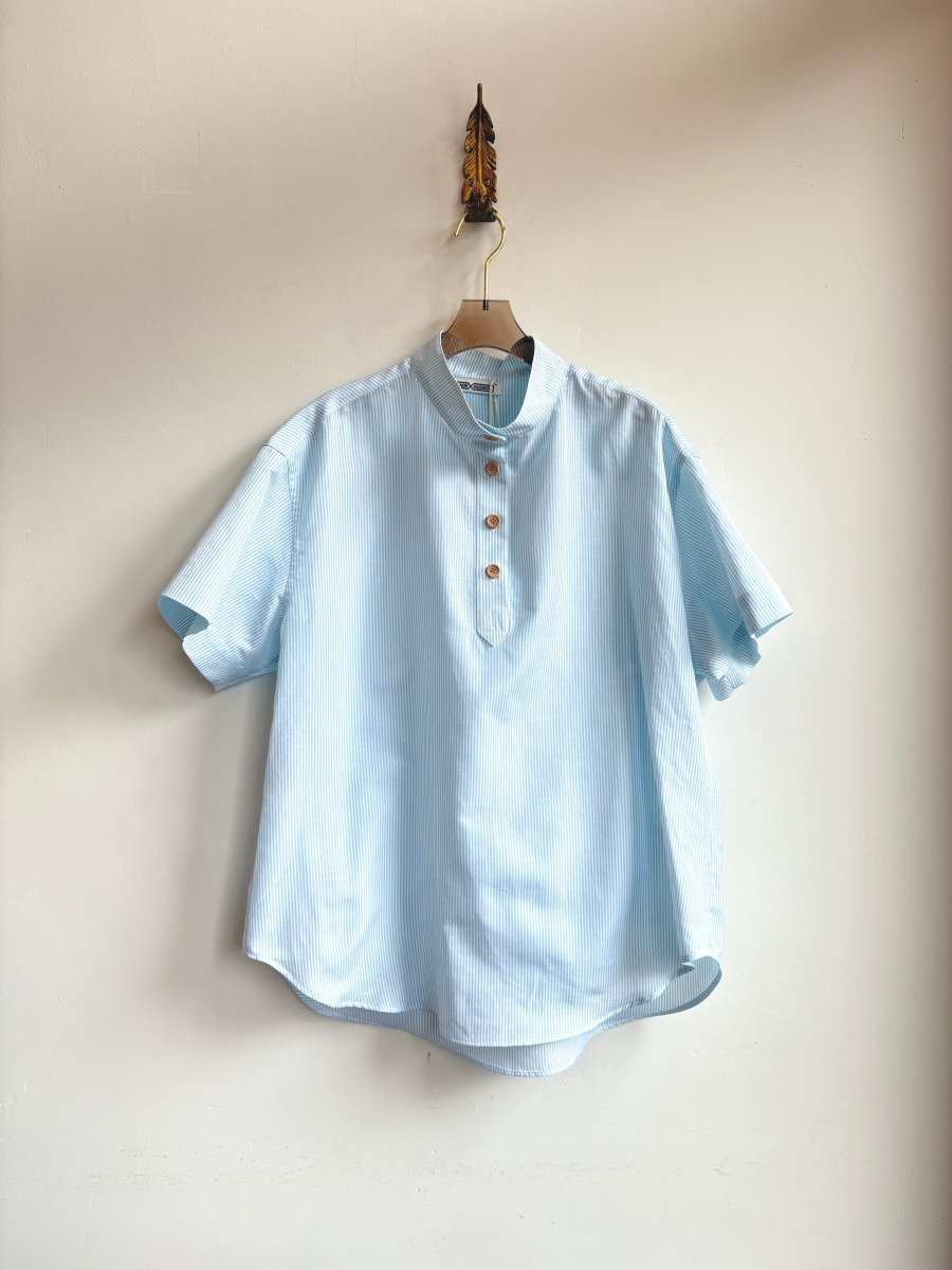 Short Sleeve Popover Shirt in Blue Mini - stripe - Made X Hudson