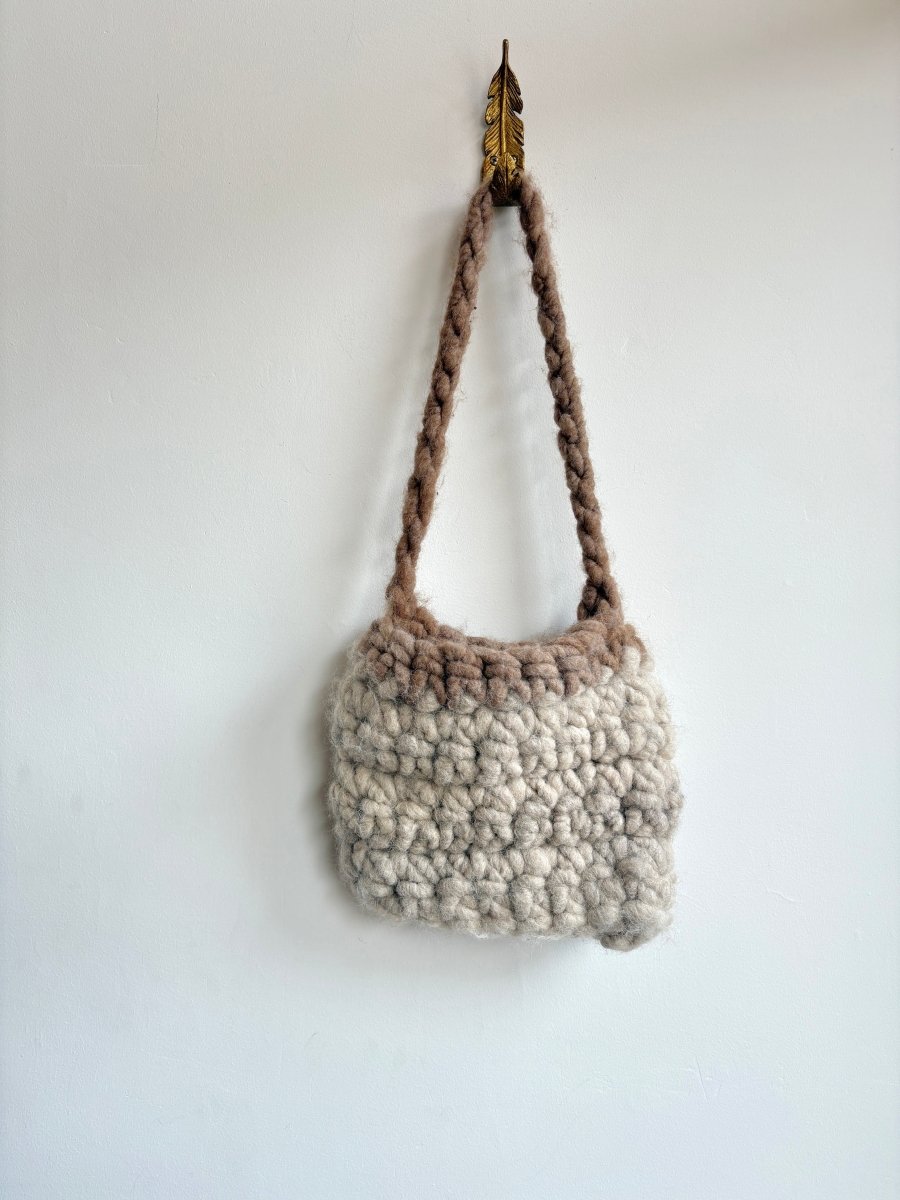 Cream and Brown Wool Fiber Handmade Crochet Bag - Made X Hudson