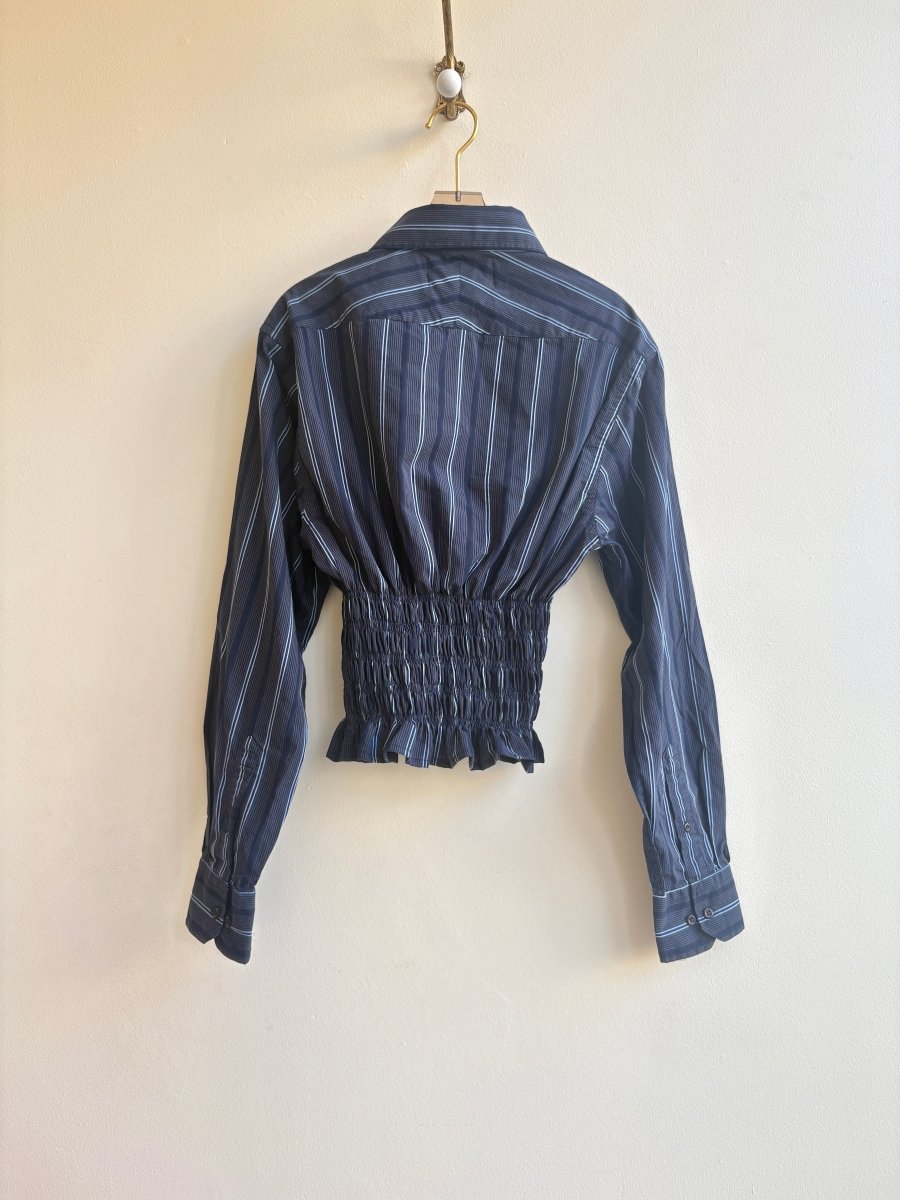 The George Top | Navy w/ Pale Blue & Beige Stripes Button Down Top w/ Smocked Waist (Reworked) - Made X Hudson