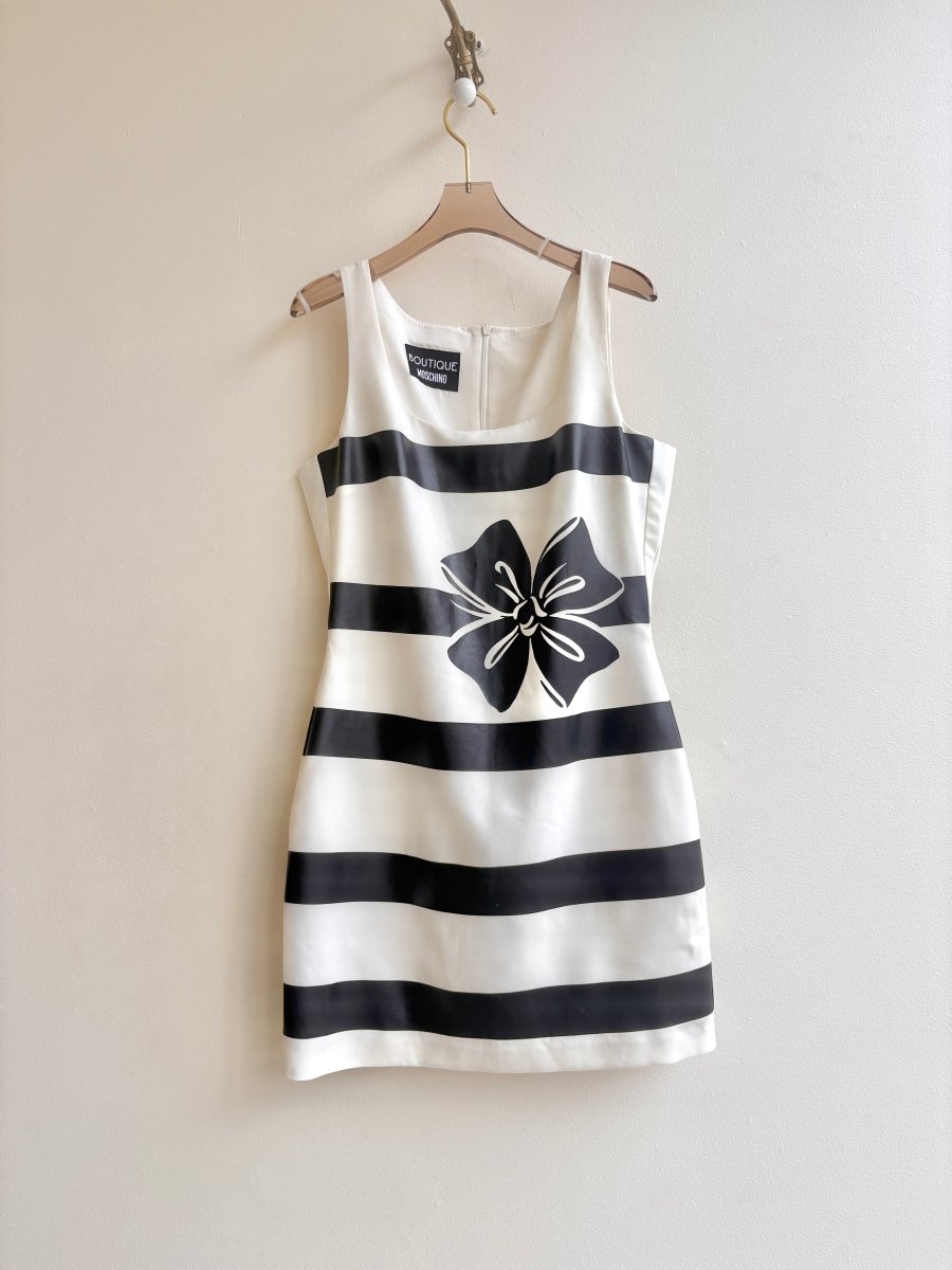 Boutique Moschino | Black and White Stripes and Bow Sleeveless Dress (Vintage) - Made X Hudson