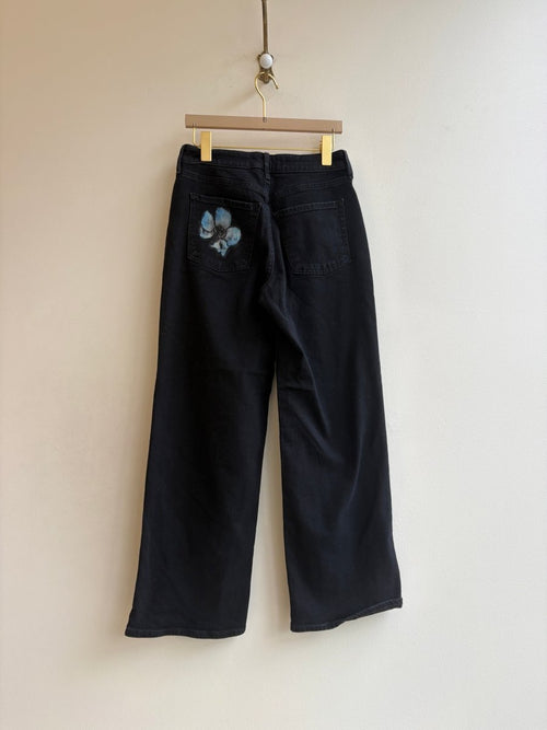"Eden" Black Denim with Morning Glories | Hand Painted (Reworked) - Made X Hudson