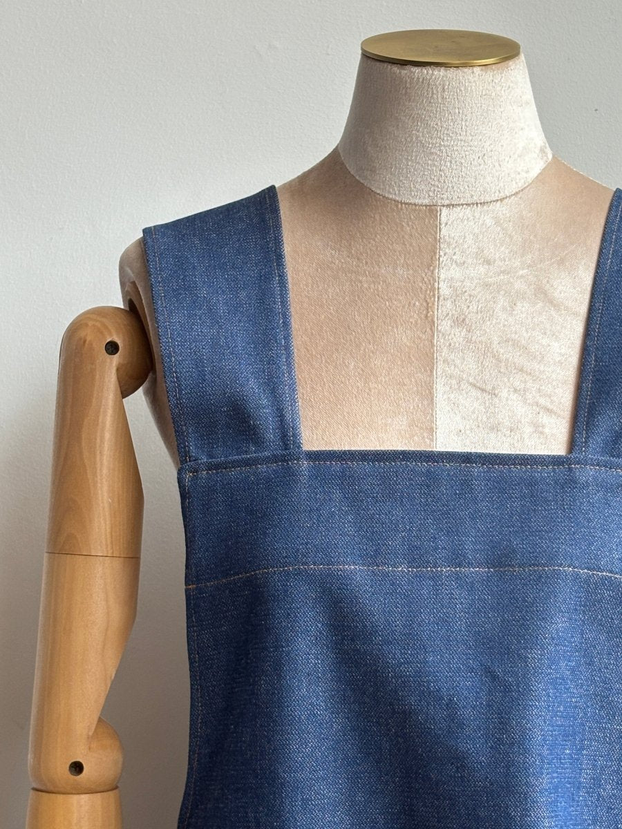 Classic Denim w/ Gold Stitching Pinafore Apron w/ Patch Pockets