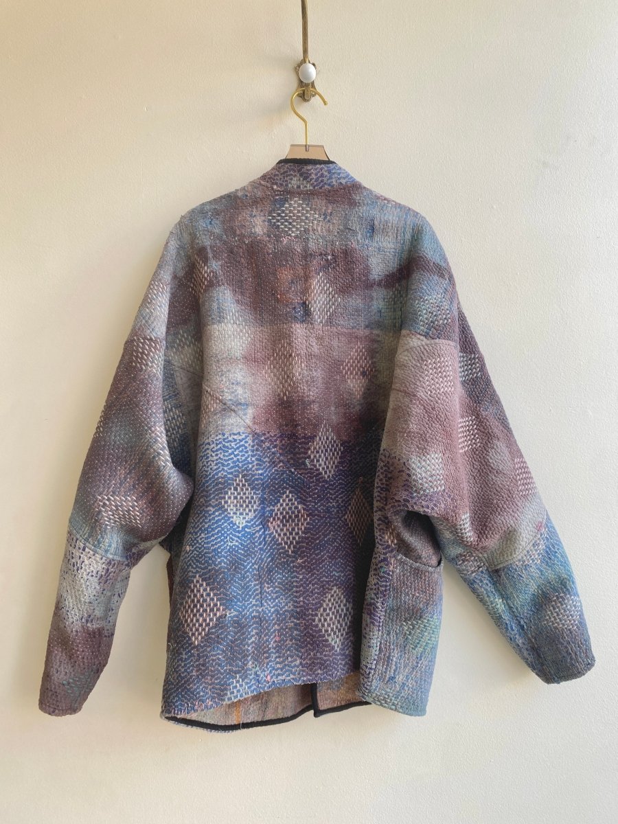 Reversible Ishani Quilted Jacket in Colors Mauve, Blue, & Purple w/ Flower Embroidered Patch - Made X Hudson