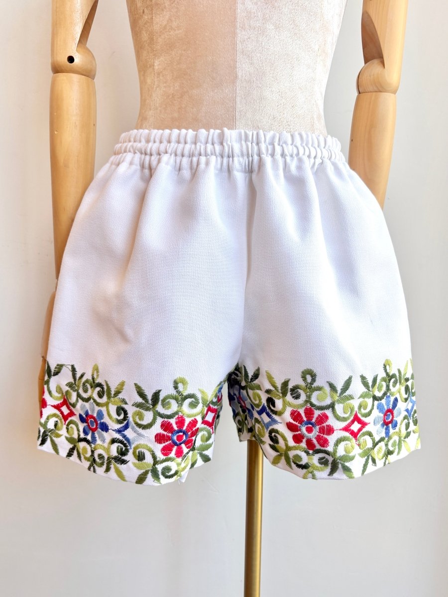 Tonal Blue and Red Embroidered Flower Town Shorts - Made X Hudson