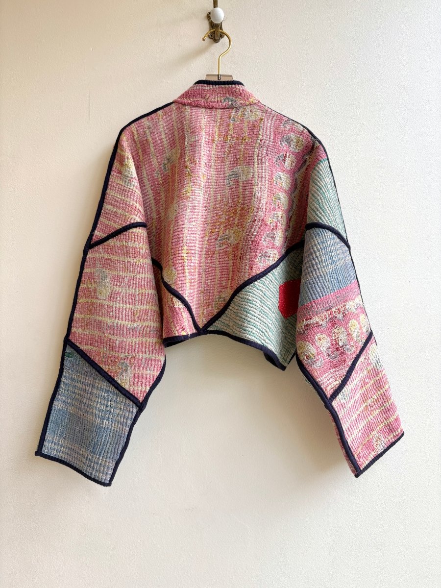 Reversible Kaira Quilted Cropped Jacket in Colors Jade Plaid, Daisy, Peony & Cobalt and Orange Multi Colored Patchwork - Made X Hudson