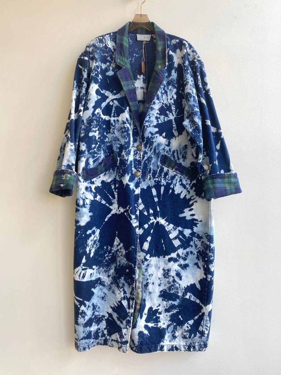 Vintage Hand Dyed Button Up Denim Trench Coat w/ Green Plaid Flannel Facings (Reworked) - Made X Hudson