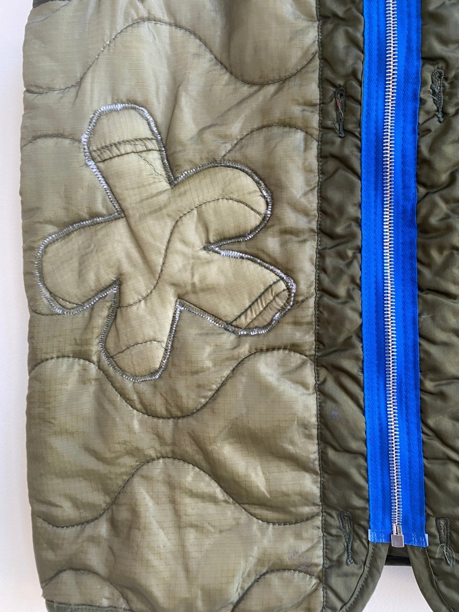 Olive Green Army Liner Quilted Vest w/ Floral Quilting & Blue Zipper (Reworked) - Made X Hudson