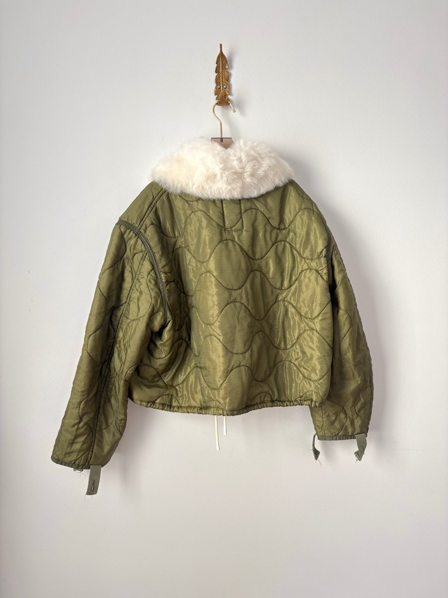 Mixed Olive Army Liner Quilted Coat w/ White Alpaca Fur Collar, White Buttons, & Drawstring (Reworked) - Made X Hudson