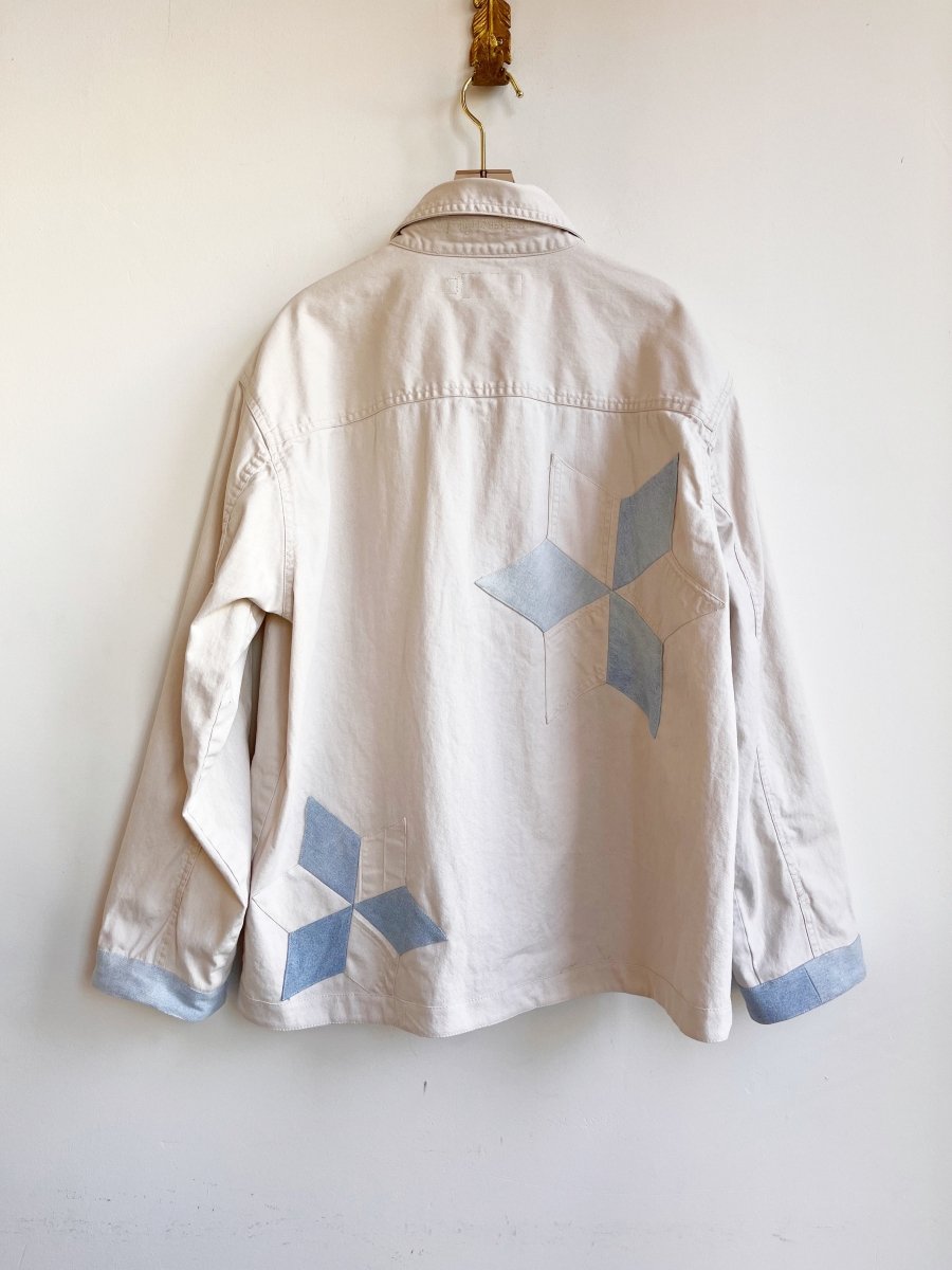 Button Front White Denim Shirtjacket w/ White & Blue Lemoyne Stars (Reworked) - Made X Hudson
