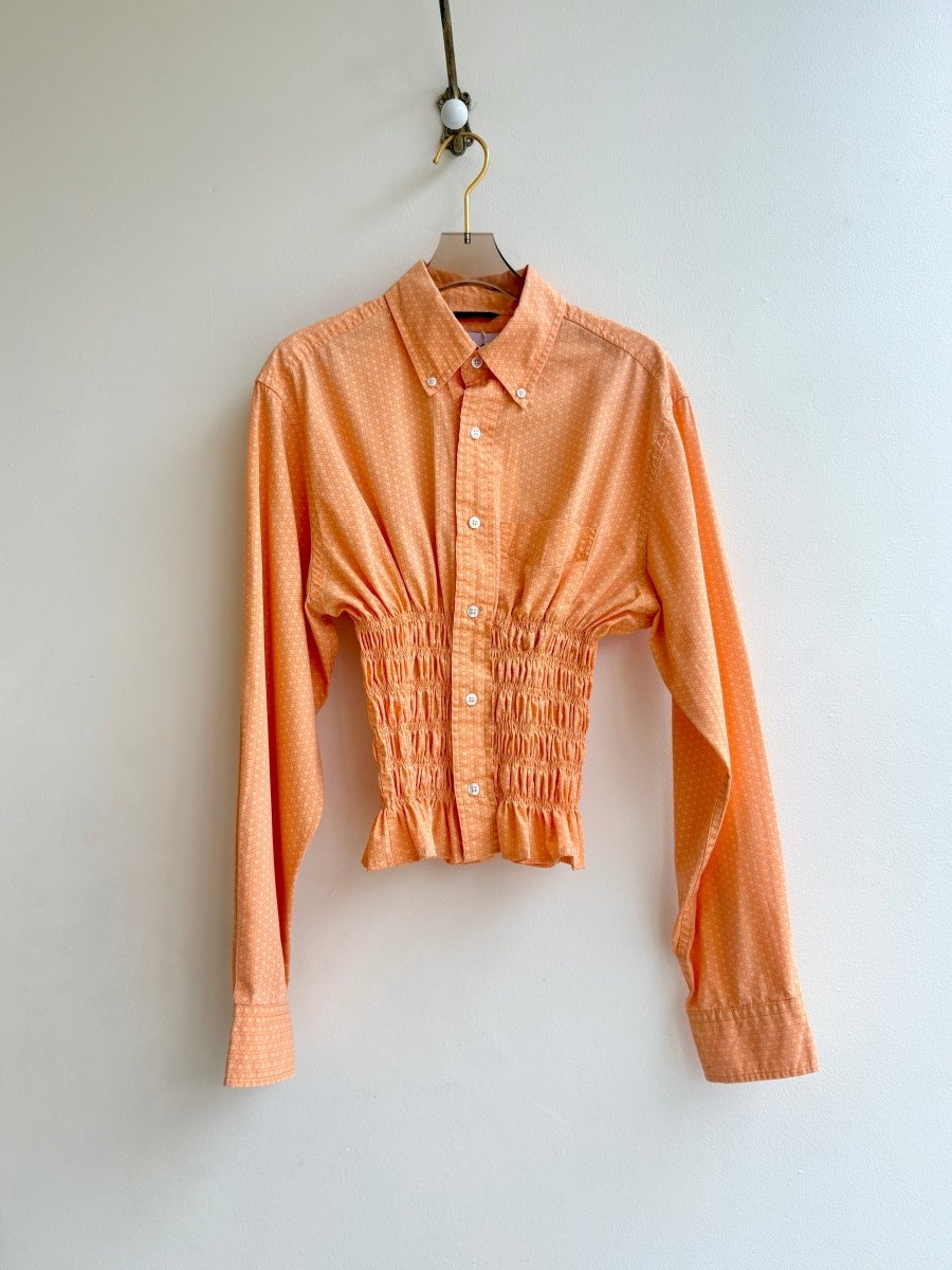 The George Top | Orange Retro Print Button Down Top w/ Smocked Waist (Reworked) - Made X Hudson