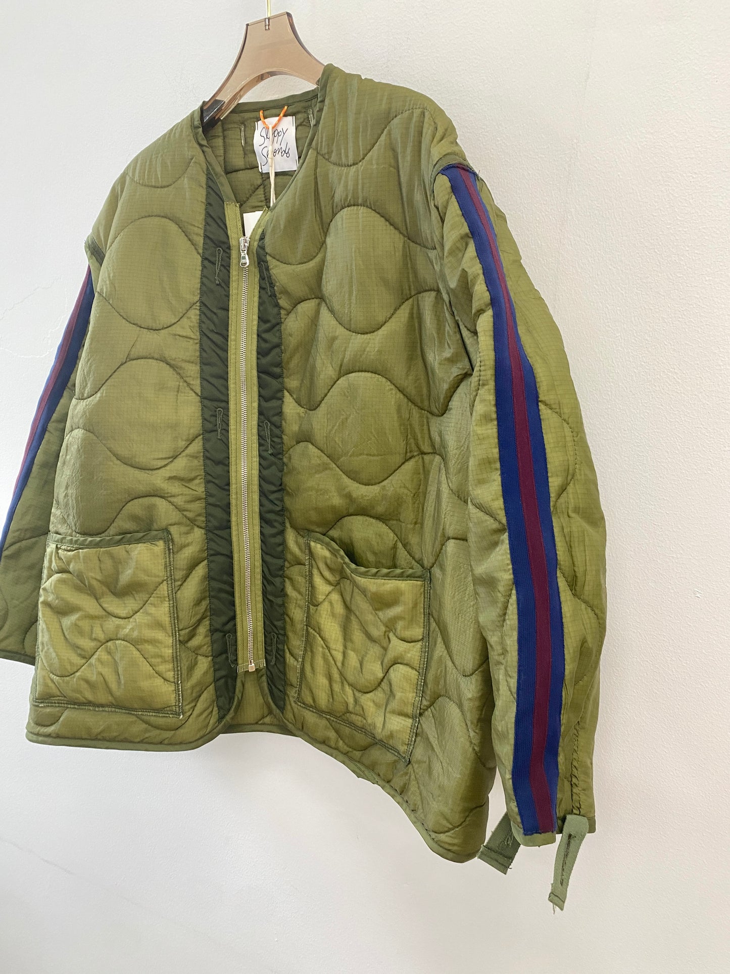 Olive Green Army Liner Quilted Coat w/ Navy & Maroon Sleeve Stripe (Reworked)