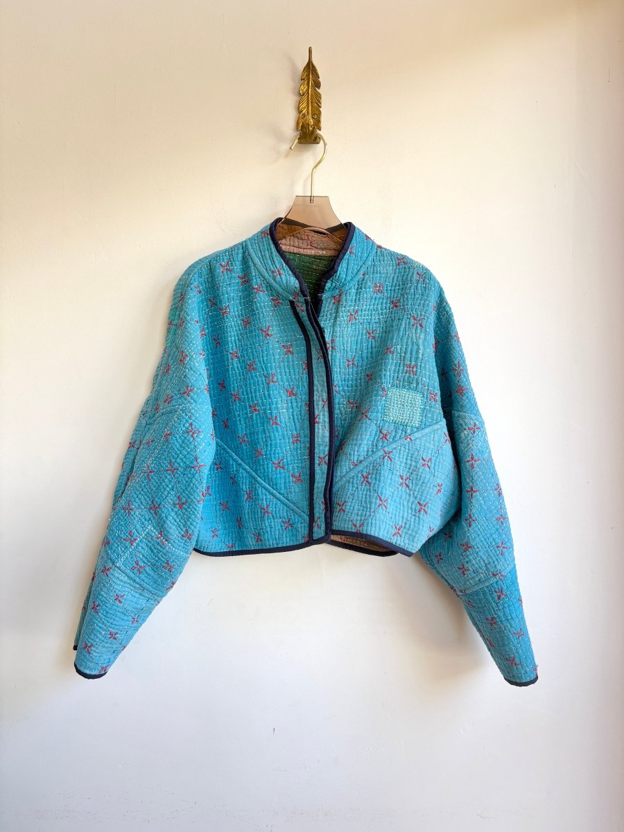 Reversible Kaira Quilted Cropped Jacket in Colors Forest Green, Tan, Red & Sky Blue, Red - Made X Hudson