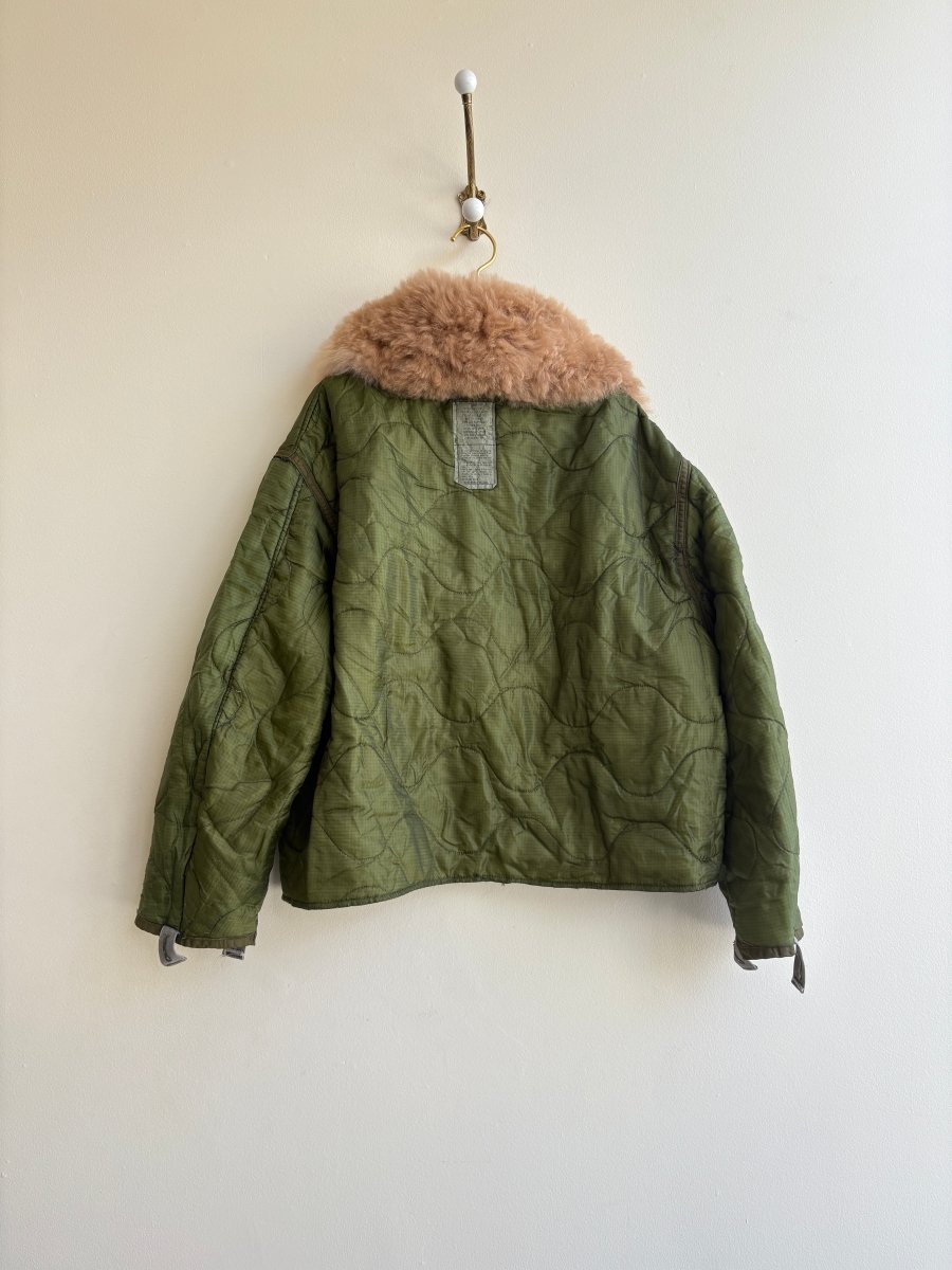 Olive Green Army Liner Quilted Coat w/ Caramel Alpaca Fur Collar & Twill Tape Ties (Reworked) - Made X Hudson