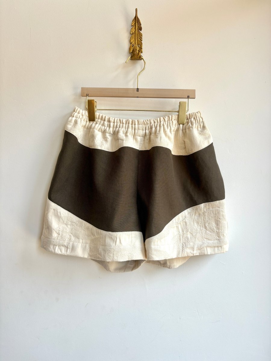 Moss Hemp - Cotton Canvas & Ivory Cotton Brocade Wave Shorts - Made X Hudson