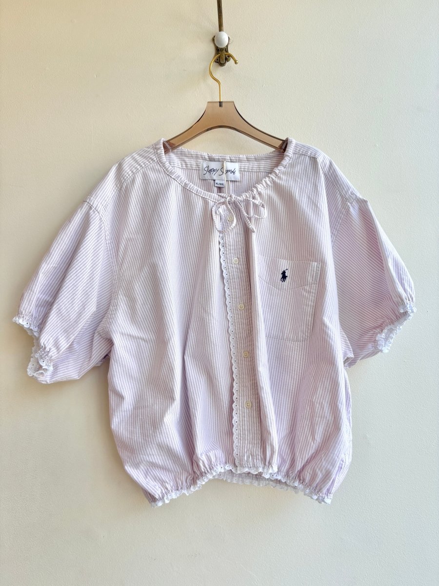 The Henry Top | Light Violet Stripe Cap Sleeve with Smocked Waist & Eyelet Trim (Reworked) - Made X Hudson