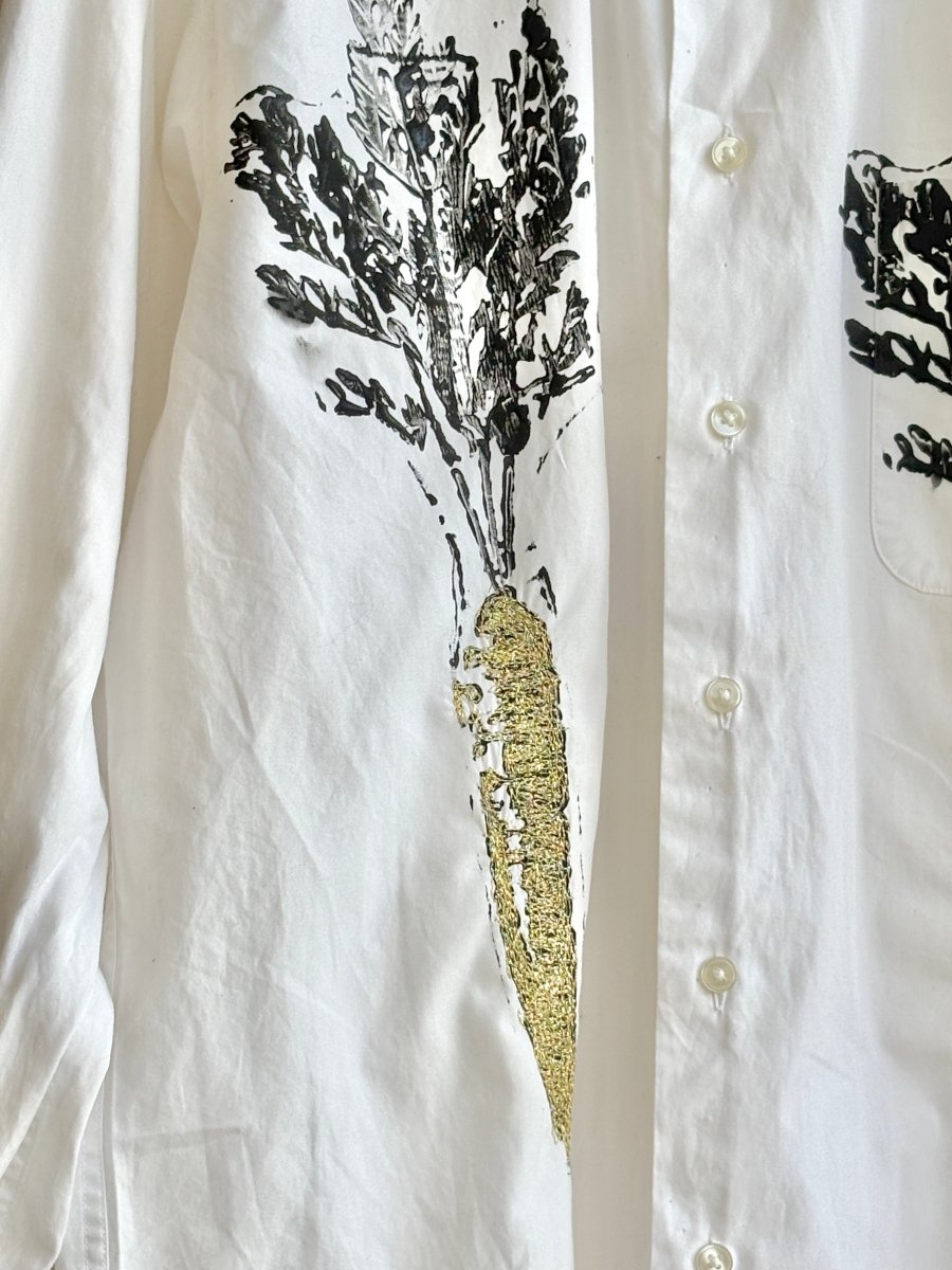 “Tandy” White Gold Embroidered & Stamped Carrot Print Shirt (Reworked) - Made X Hudson