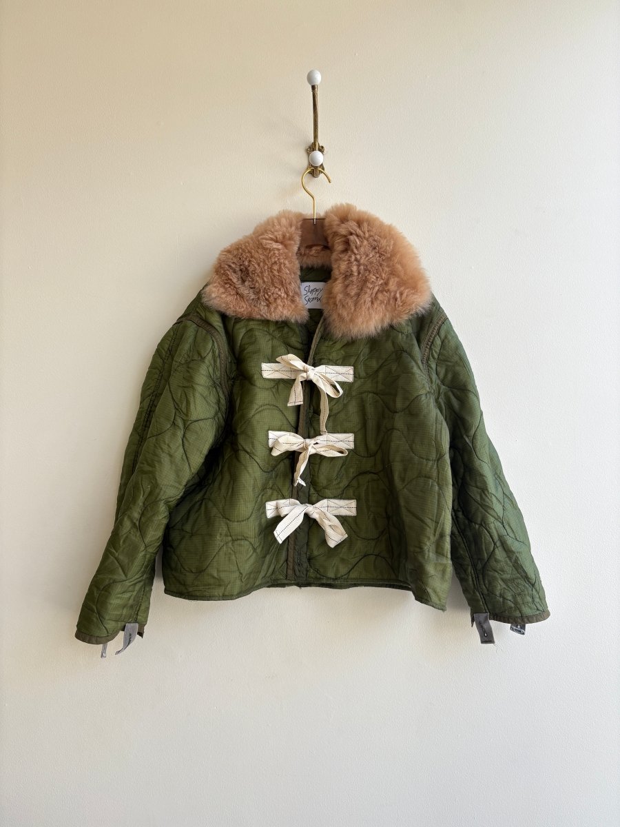 Olive Green Army Liner Quilted Coat w/ Caramel Alpaca Fur Collar & Twill Tape Ties (Reworked) - Made X Hudson