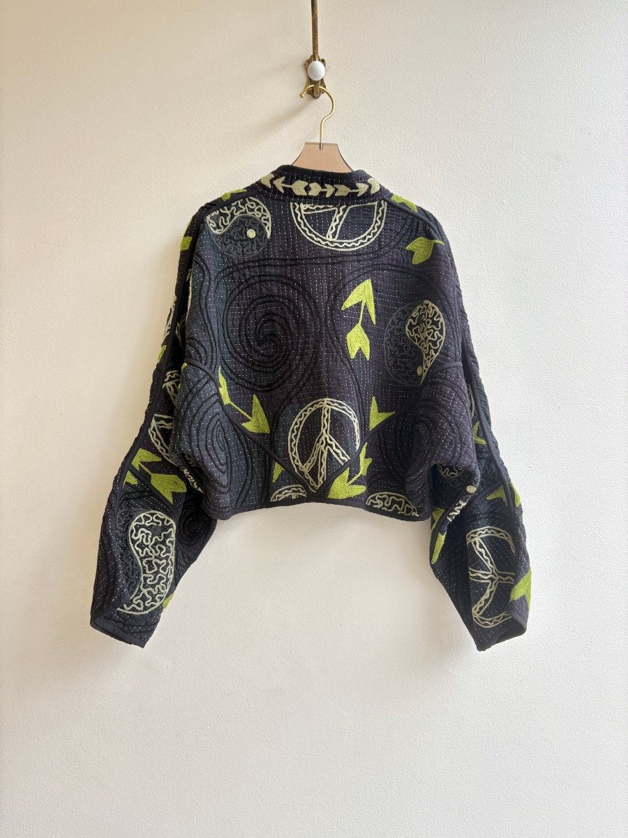 Reversible Kaira Suzani Quilted Cropped Jacket in Colors Black, Sage, Green & Black, Sage, Green - Made X Hudson