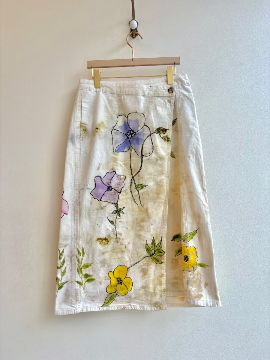 "Primrose" Eco-Printed and Hand Drawn Tan Wrap Skirt (Reworked) - Made X Hudson