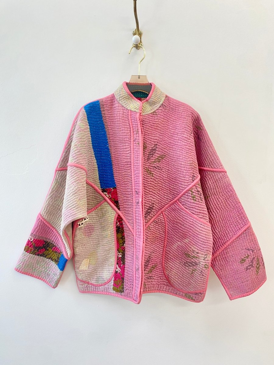Reversible Ladhiya Quilted Jacket in Bubblegum Pink, Tan, Blue, Floral Patchwork & Printed Multi - Colored Patchwork, Pink, Green - Made X Hudson