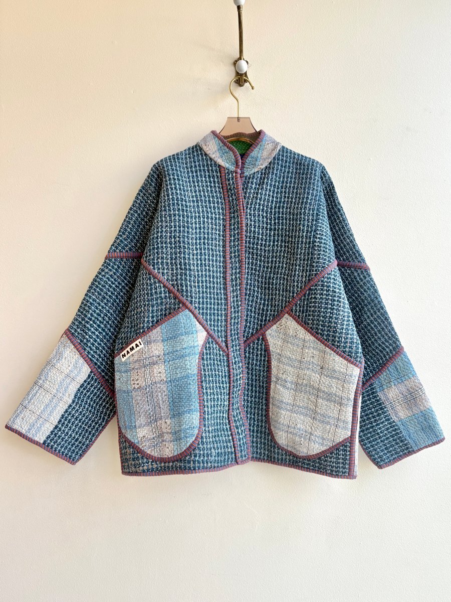 Reversible Ladhiya Quilted Jacket in Colors Dark Blue and Light Blue Plaid & Purple Blue, Green, Carrot Orange - Made X Hudson