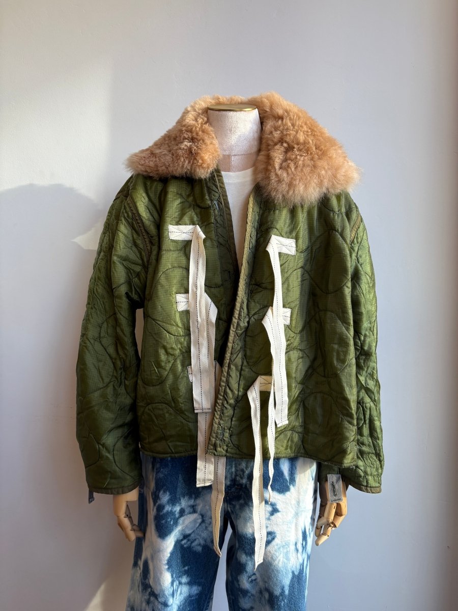 Olive Green Army Liner Quilted Coat w/ Caramel Alpaca Fur Collar & Twill Tape Ties (Reworked) - Made X Hudson