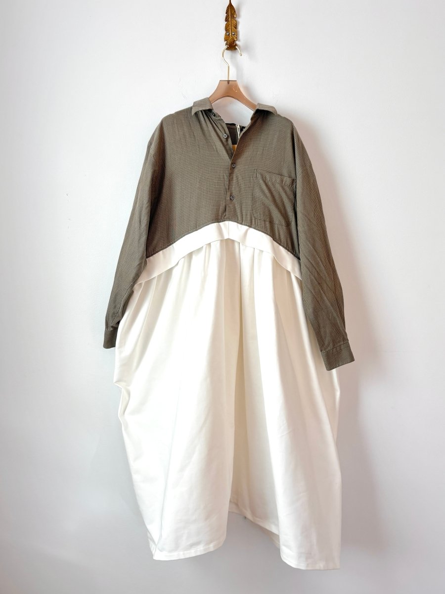 V - Line Shirtwaist Dress in Olive Micro - Plaid & White (Reworked) - Made X Hudson