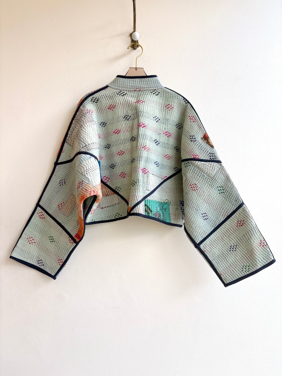 Reversible Kaira Quilted Cropped Jacket in Colors Mint Faded Stripe, Orange, Blue & Mustard, Grey, Teal - Made X Hudson