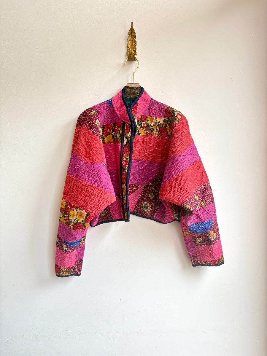 Reversible Kaira Quilted Cropped Jacket in Colors Green, Blue, White & Red, Blue, Pink, Green, Yellow - Made X Hudson