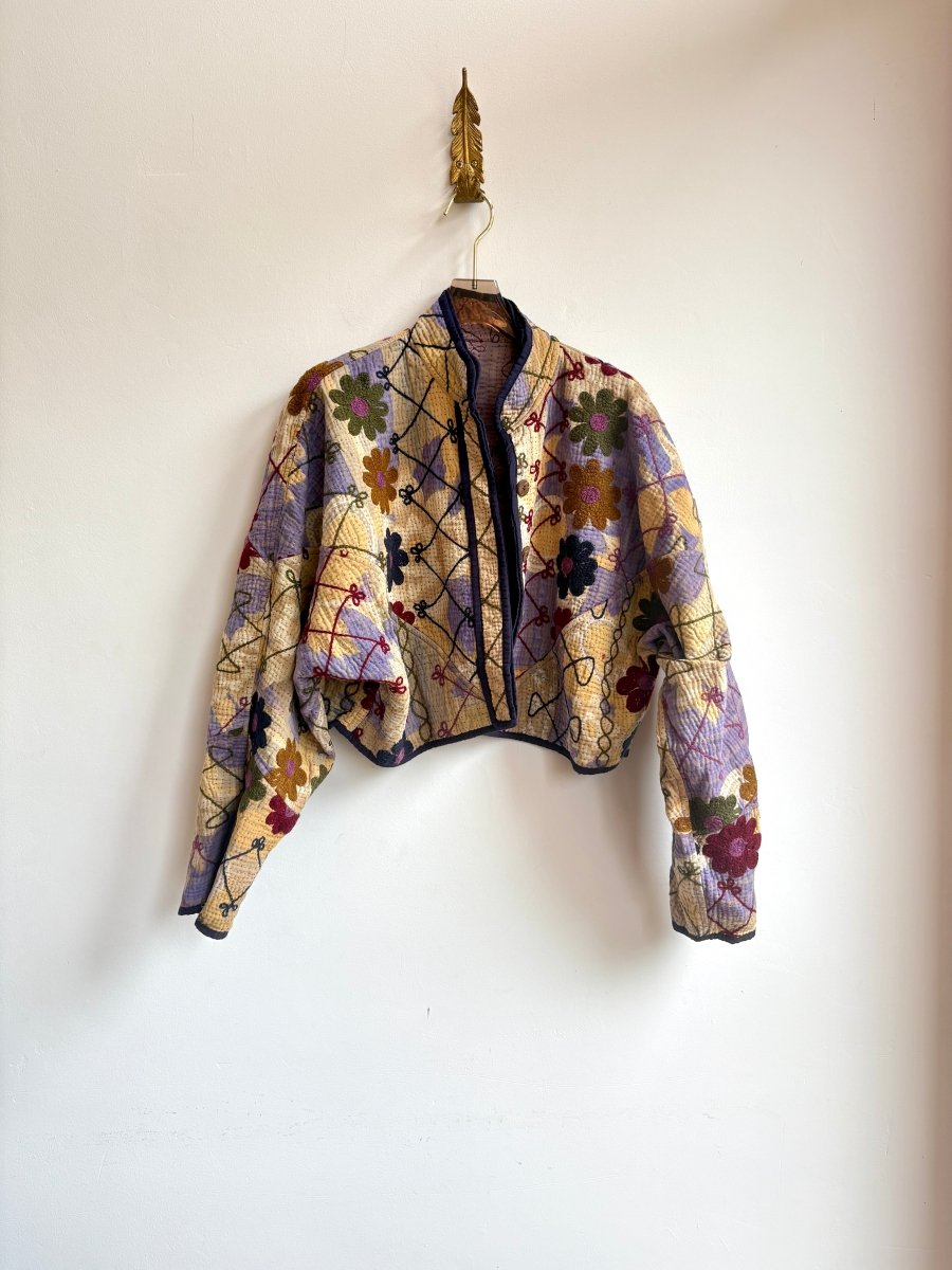 Reversible Kaira Suzani Quilted Cropped Jacket in Colors Yellow, Lavender, Burgundy, Moss & Lavender, Navy, Burgundy, Moss - Made X Hudson
