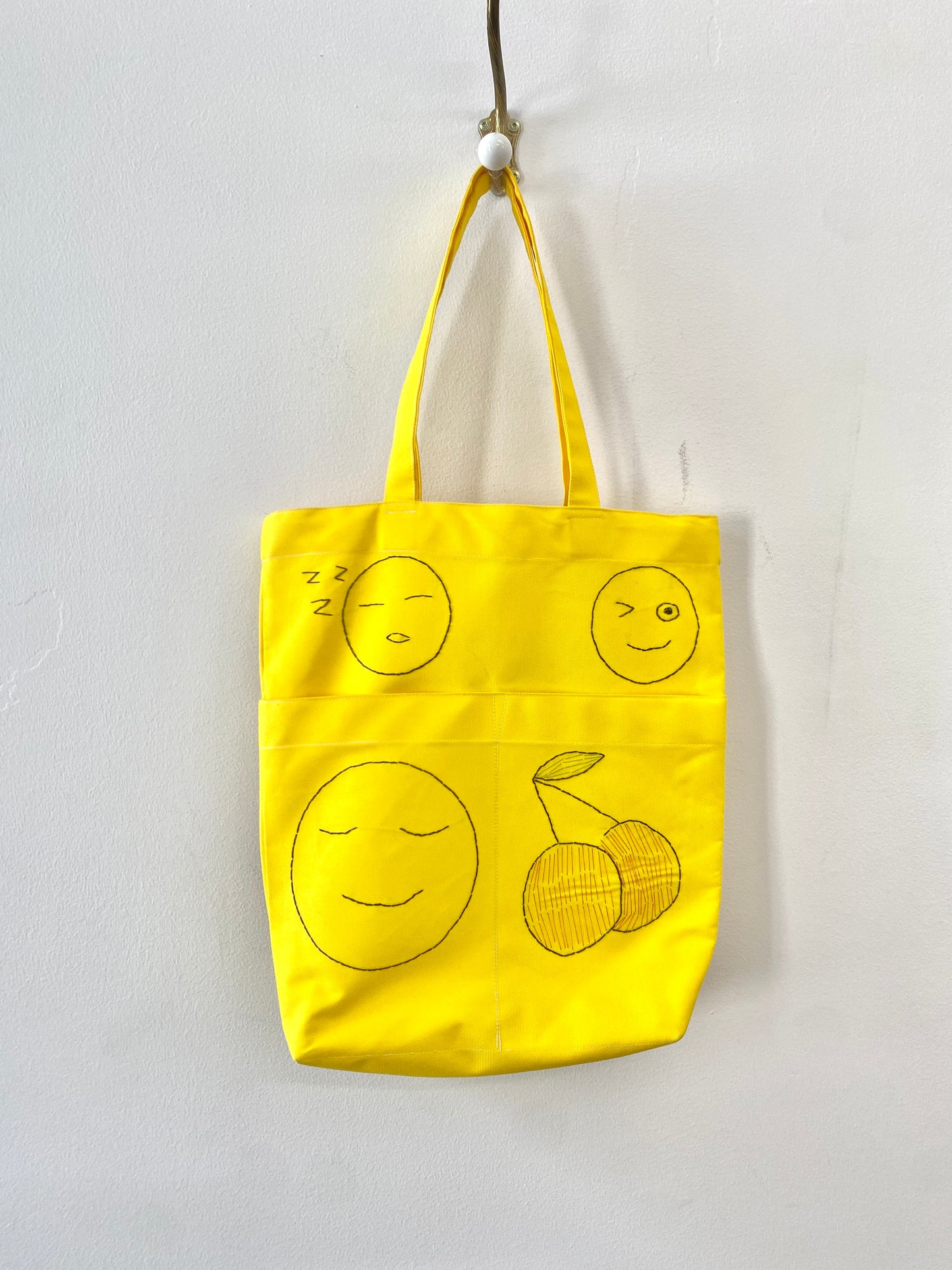 Yellow Hand Embroidered Canvas Emoji Tote